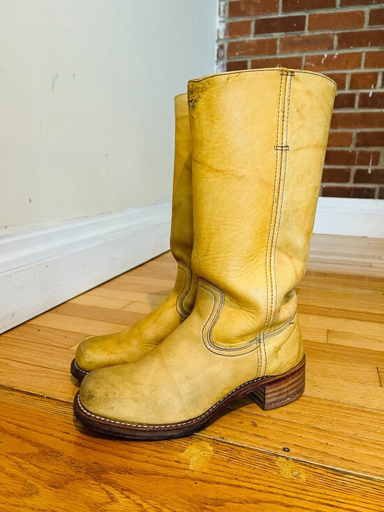 Frye Shoes - VTG Frye Campus Banana Boots Women 9.5 M Yellow Square Toe Western MADE IN USA